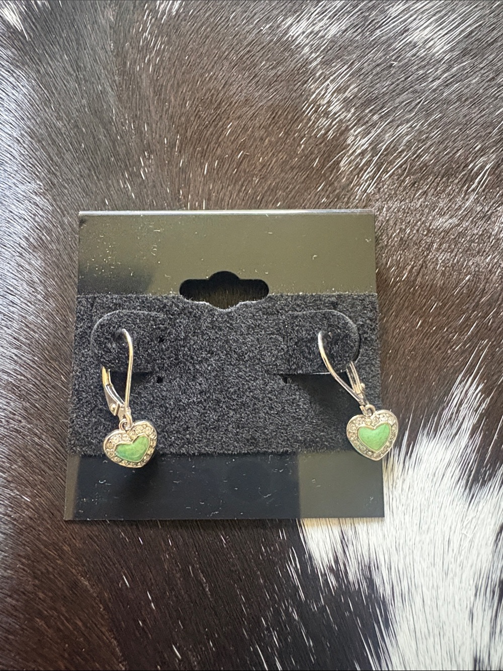 Heart Drop Sterling Silver Earrings with Green Enamel Accent
